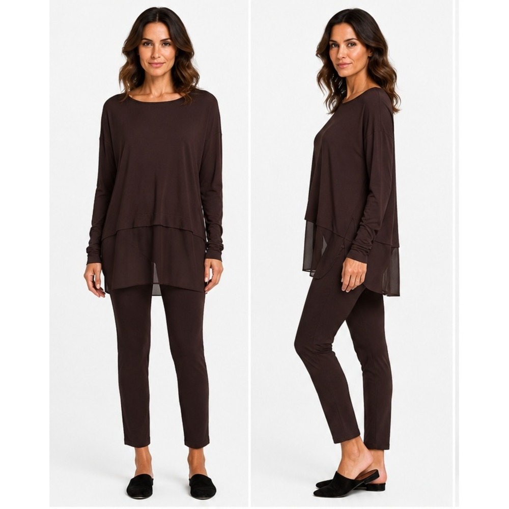 Eileen Fisher Clove Brown Sheer Hem Bateau Neck Boxy Silk Tunic Medium